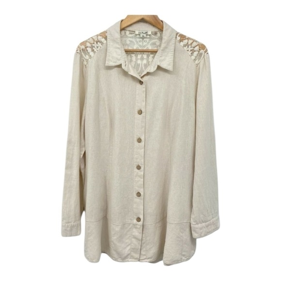 Simply Noelle Linen-Blend Roll-Tab Sleeve Lace Shoulder Button Shirt Size Medium - Picture 1 of 15